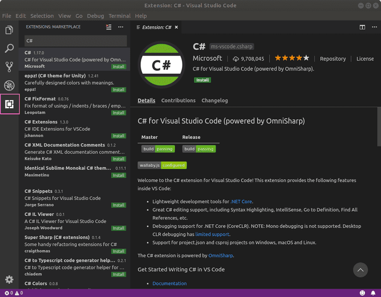 Installing VS Code extensions for C#